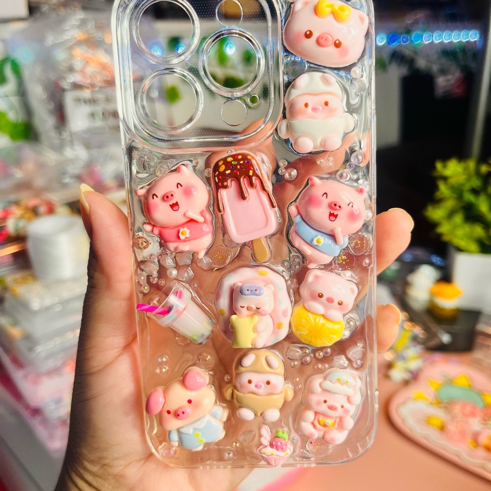 Cute Kawaii Pig 3D Decoden Clear Phone Case - Pink Accents Handmade - Picture 5 of 7